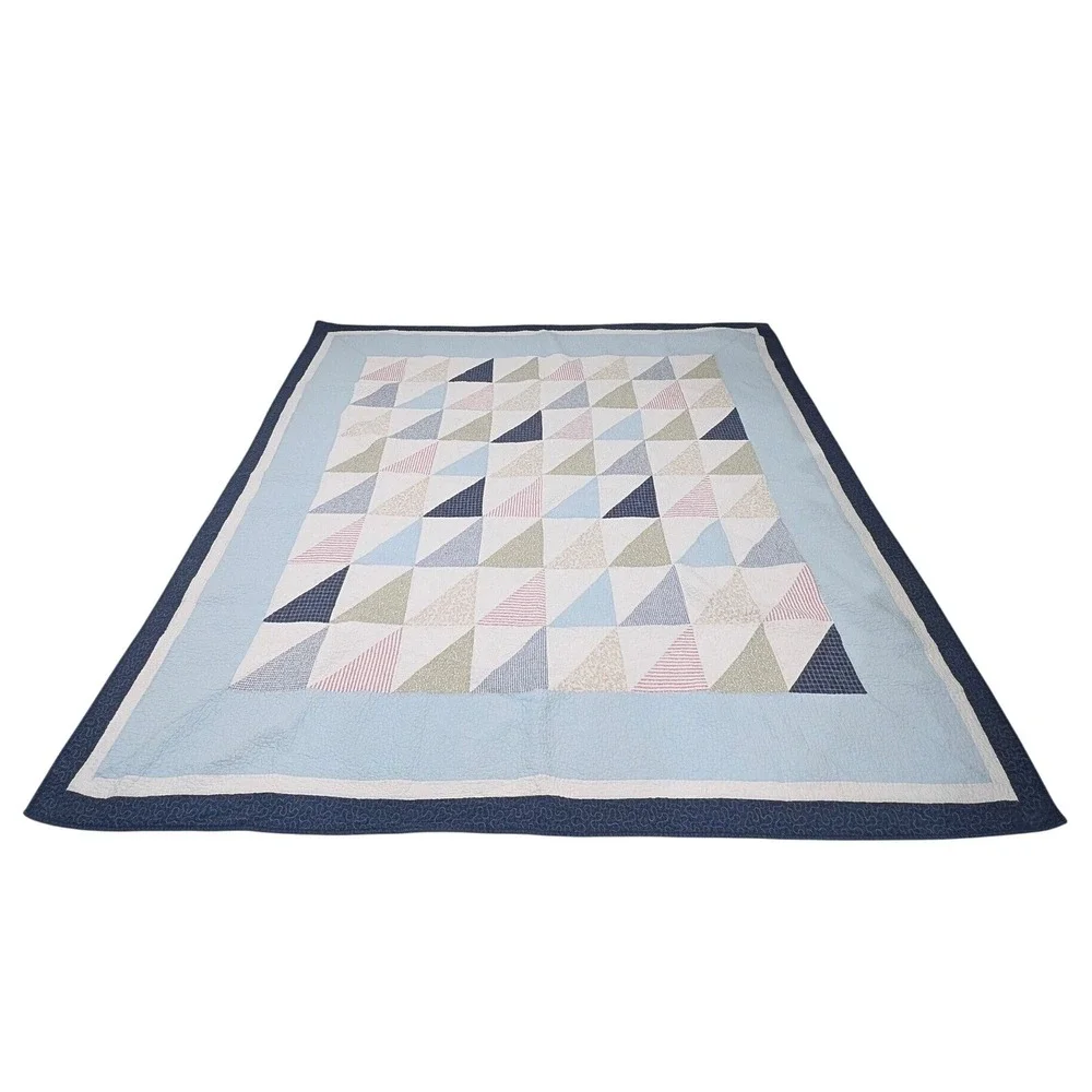 85x85 Machine Quilted Patchwork Triangle Quilt Blue Green Pink Floral Gingham